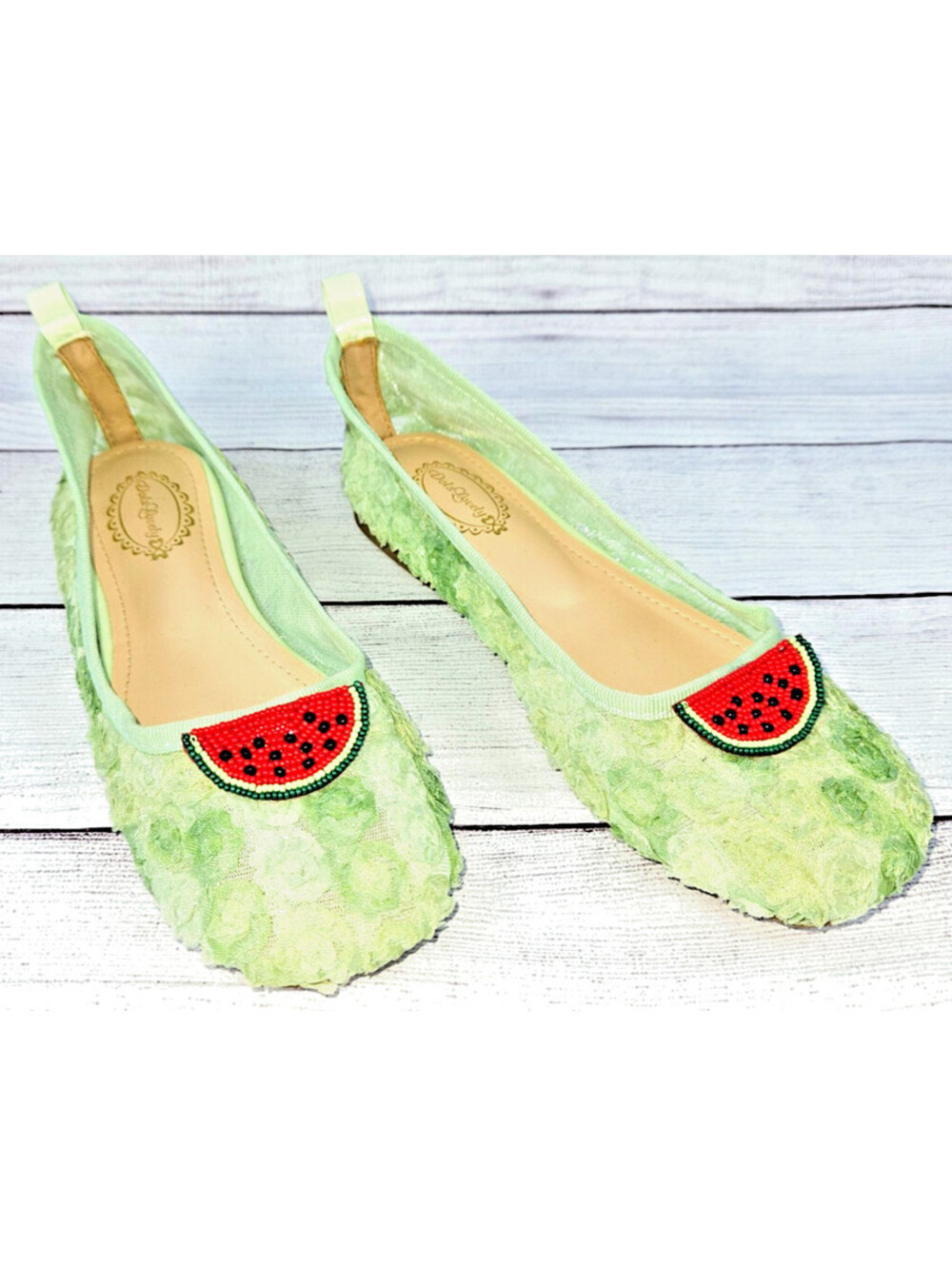 Dola Lovely pale green ballet flat with beaded watermelon on the toe size 6
